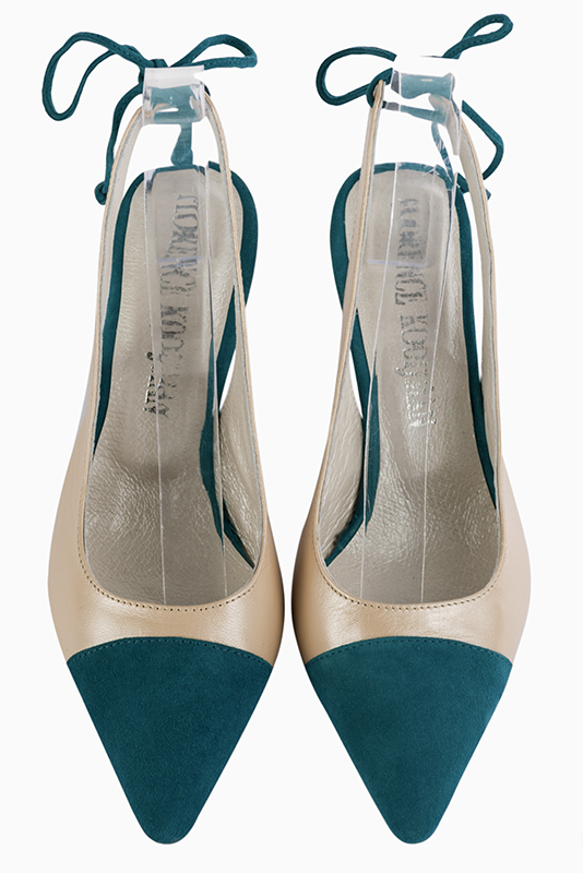 Peacock blue and gold women's slingback shoes. Pointed toe. Medium slim heel. Top view - Florence KOOIJMAN